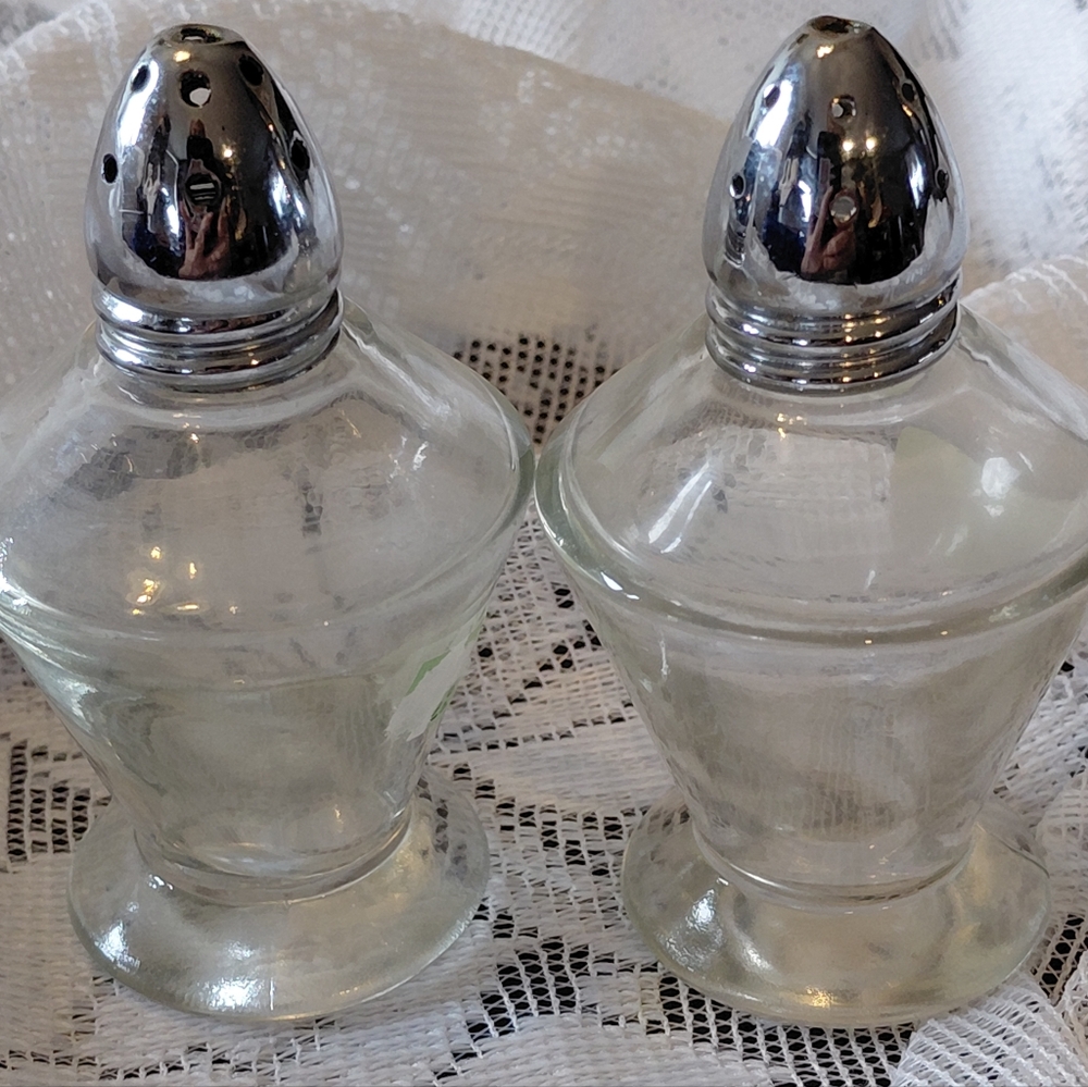 Vintage Glass Salt and Pepper Shakers with Silver Tops